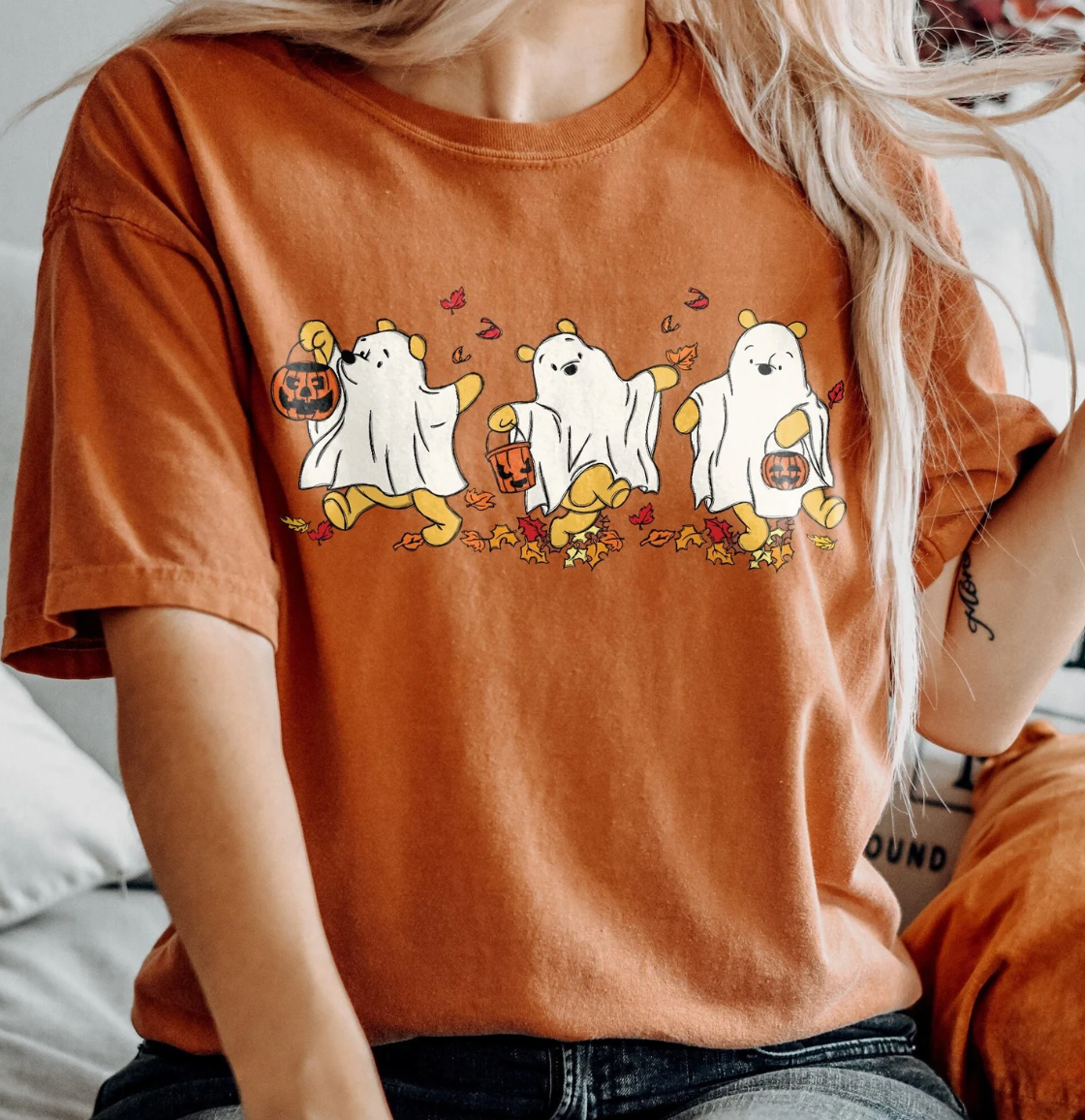 Eleven Fashion – Engroshandel T-shirt med print - Dame – Retro Pooh Ghost Halloween skjorte0