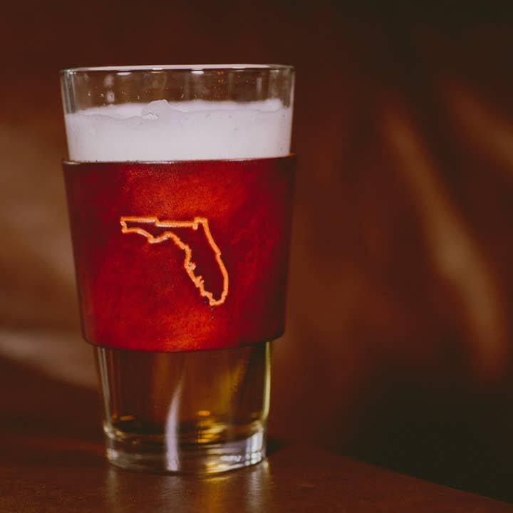 Lindy Leather - Wholesale Beer Glass/Mug - Leather Pint Glass - Custom State Leather Wrap Barware