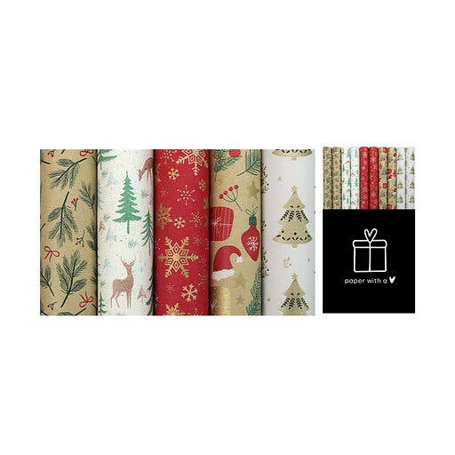 Ecodis - Grand Beau - Vendita all'ingrosso Rotoli di carta da regalo - Rotolo carta regalo 5 motivi Natale kraft riciclato - 130 g