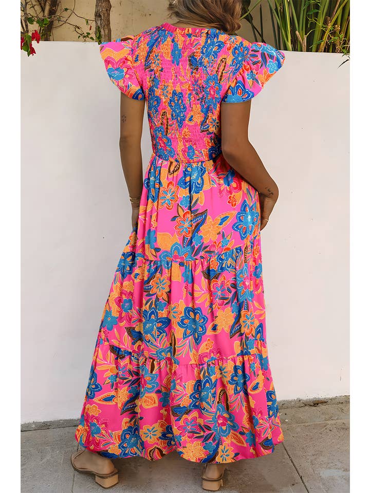 Aapparella - Wholesale Dress - Women's - Women Boho Floral V Neck Ruffle Tiered Maxi Dress | S-XL