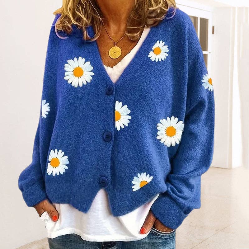 Sweetkama - Wholesale Cardigan - Women's - Ladies Sun Flower V-Neck Long Sleeves Sweater 23691