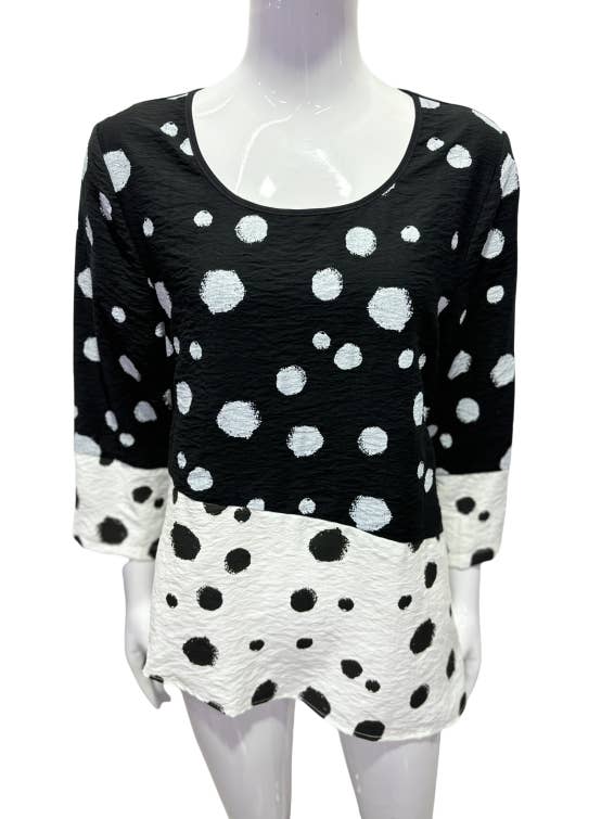 Women's Black and white polka 3/4 slv round neck top for wholesale by Kamana