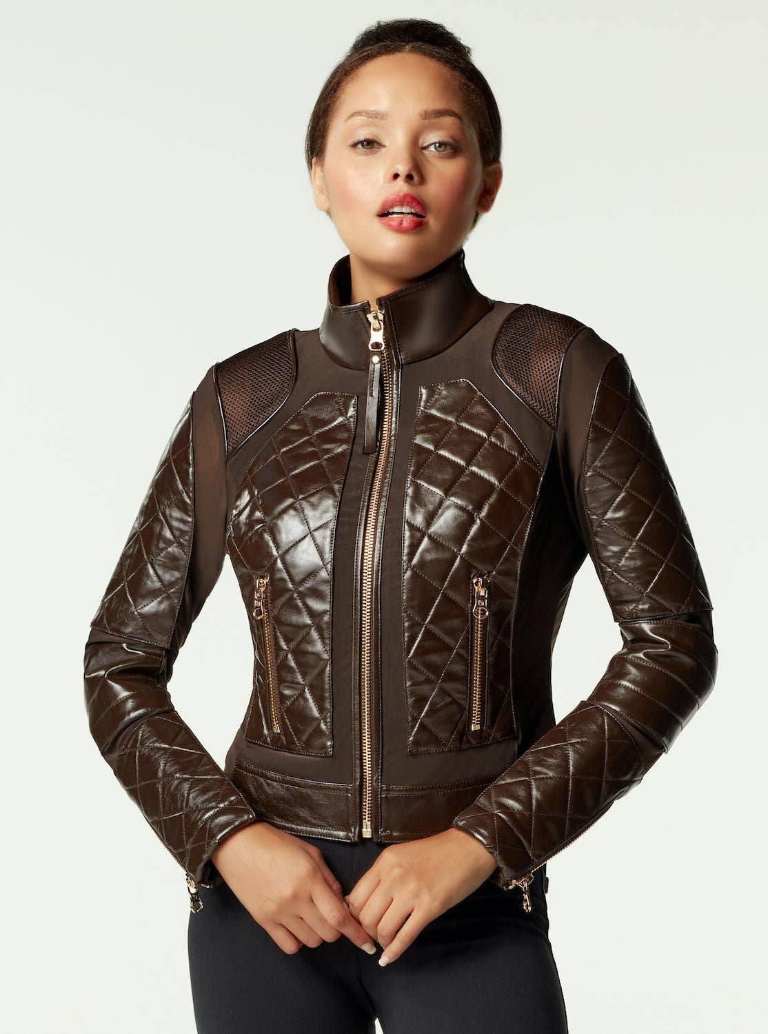 Java Leather Moto Mesh Jacket - Brown/Gold Trims for wholesale on Faire1