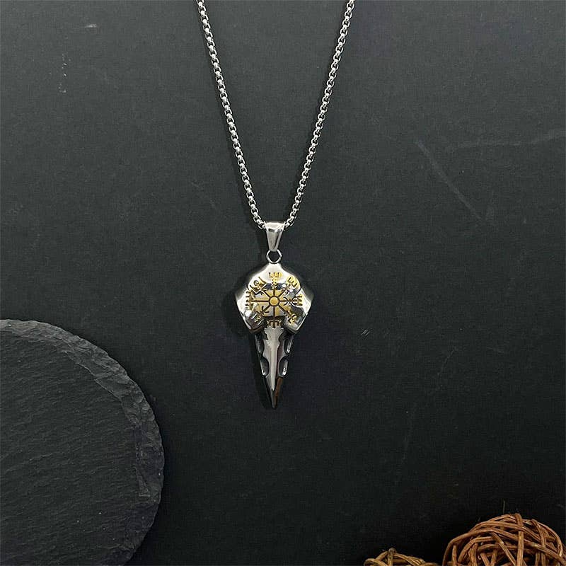 GemMeet - Wholesale Pendant/Charm Necklace - Vintage Viking Raven Head Compass Pendant Necklace4