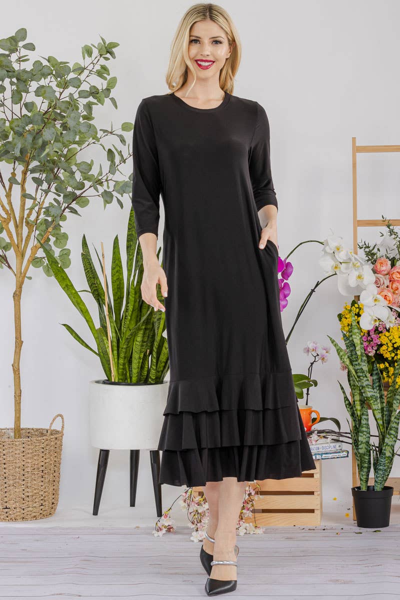 Celeste Clothing – Großhandel Kleid – Damen – Großgrößen-Midikleid mit gestuften Rüschen und 3/4-Ärmeln44