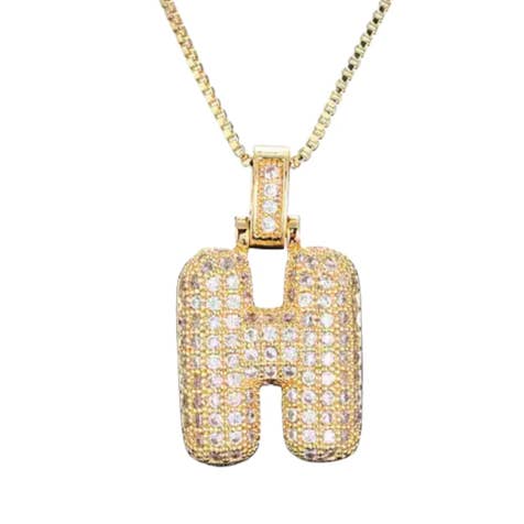 Or jaune Collier en acier avec initiales pavées et lettres à bulles, or 14 carats en vente sur Faire8