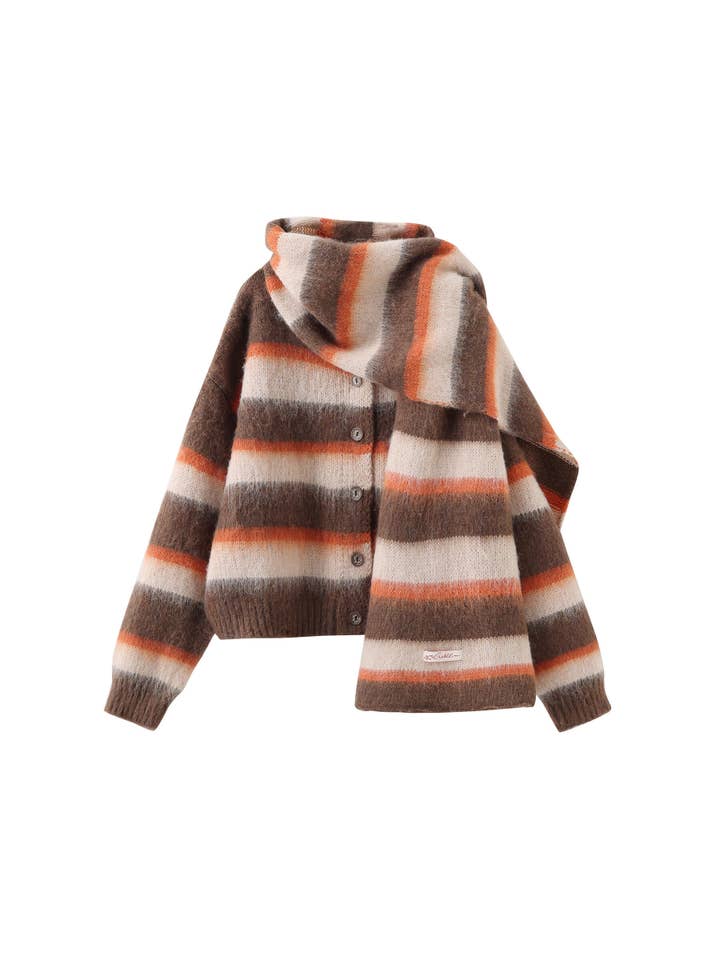 CUBIC - Wholesale Cardigan - Women's - Striped Color Block Wool Knit Cardigan With Scarf2