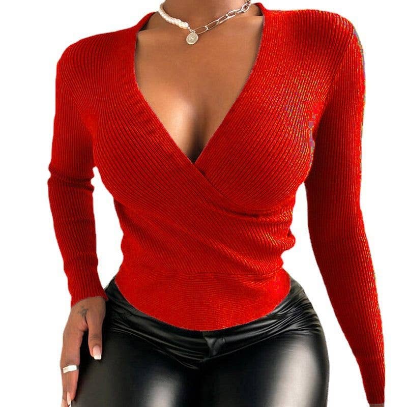 Naomi's Happy Place Shop - Wholesale Knit Top - Women's - Autumn and winter new women's sexy slim V-neck ribbed knit top2