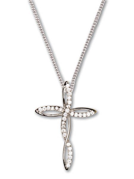 Sterling Silver Curved Cross/Cubic Zirconia Necklace, 11/16″ for wholesale by H.J. SHERMAN COMPANY, INC.