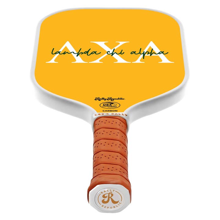 Rally Republic - Wholesale Sporting Accessories - Lambda Chi Alpha Yellow Greek Calligraphy Pickleball Paddle (B2B)1