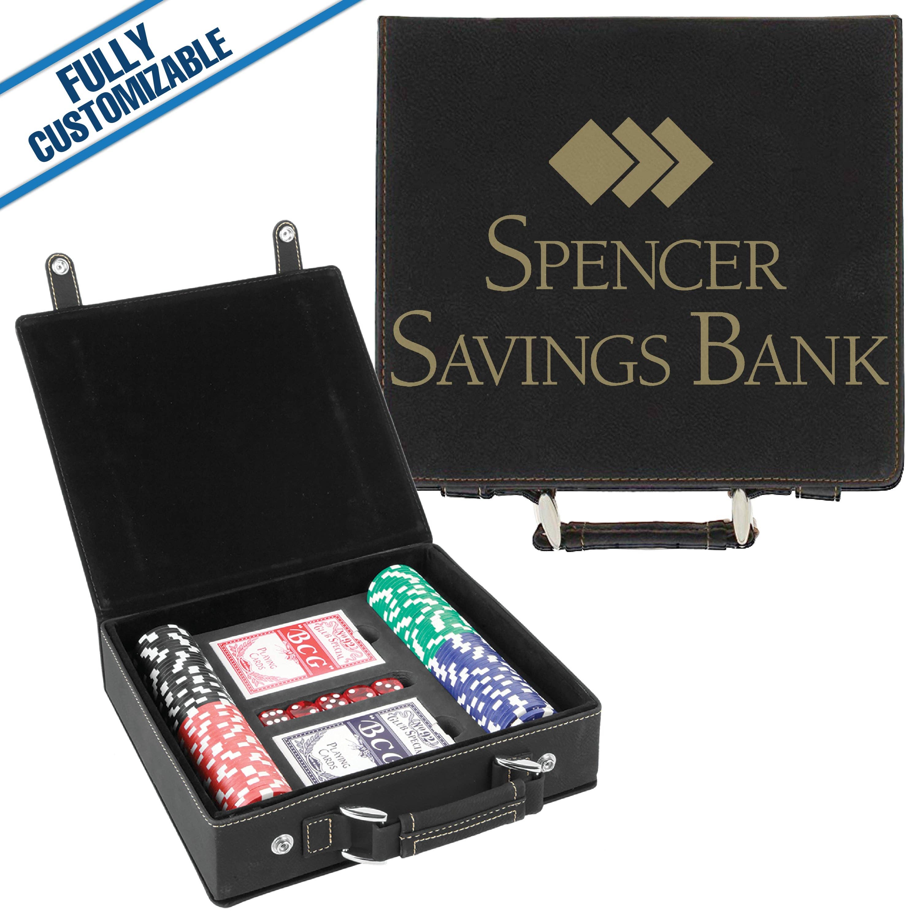 GiftWorksPlus - Wholesale Card Game - 100 Chip Engraved Leatherette Poker Set Fully Customizable0