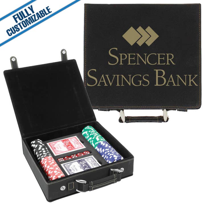 GiftWorksPlus - Wholesale Card Game - 100 Chip Engraved Leatherette Poker Set Fully Customizable