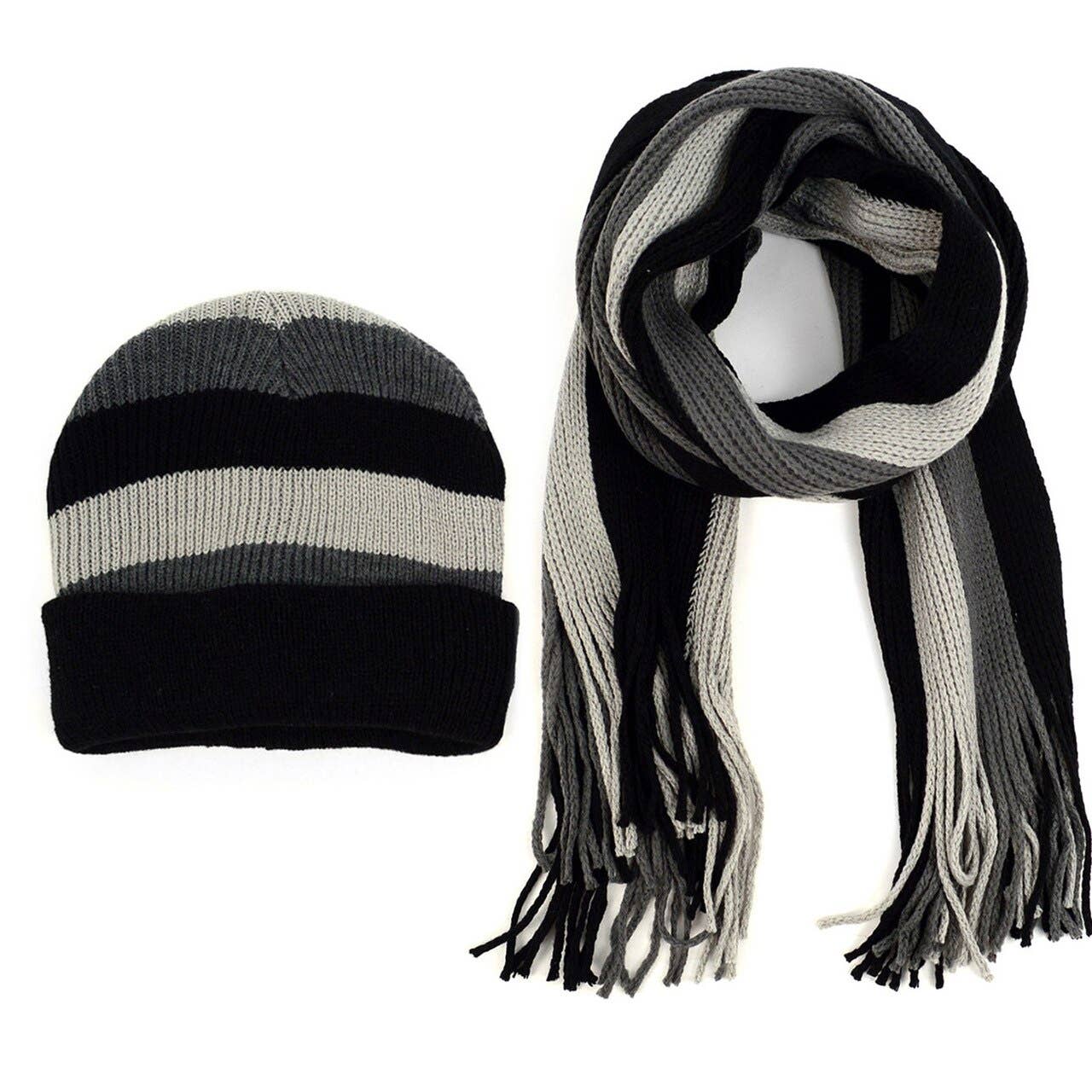Selini New York - Wholesale Scarf - Men's - Men's Winter Knit Thick Striped Scarf and Hat Set0