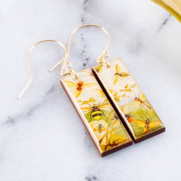 Vintage gouden bijen rechthoekige oorbellen voor wholesale door No Man's Land