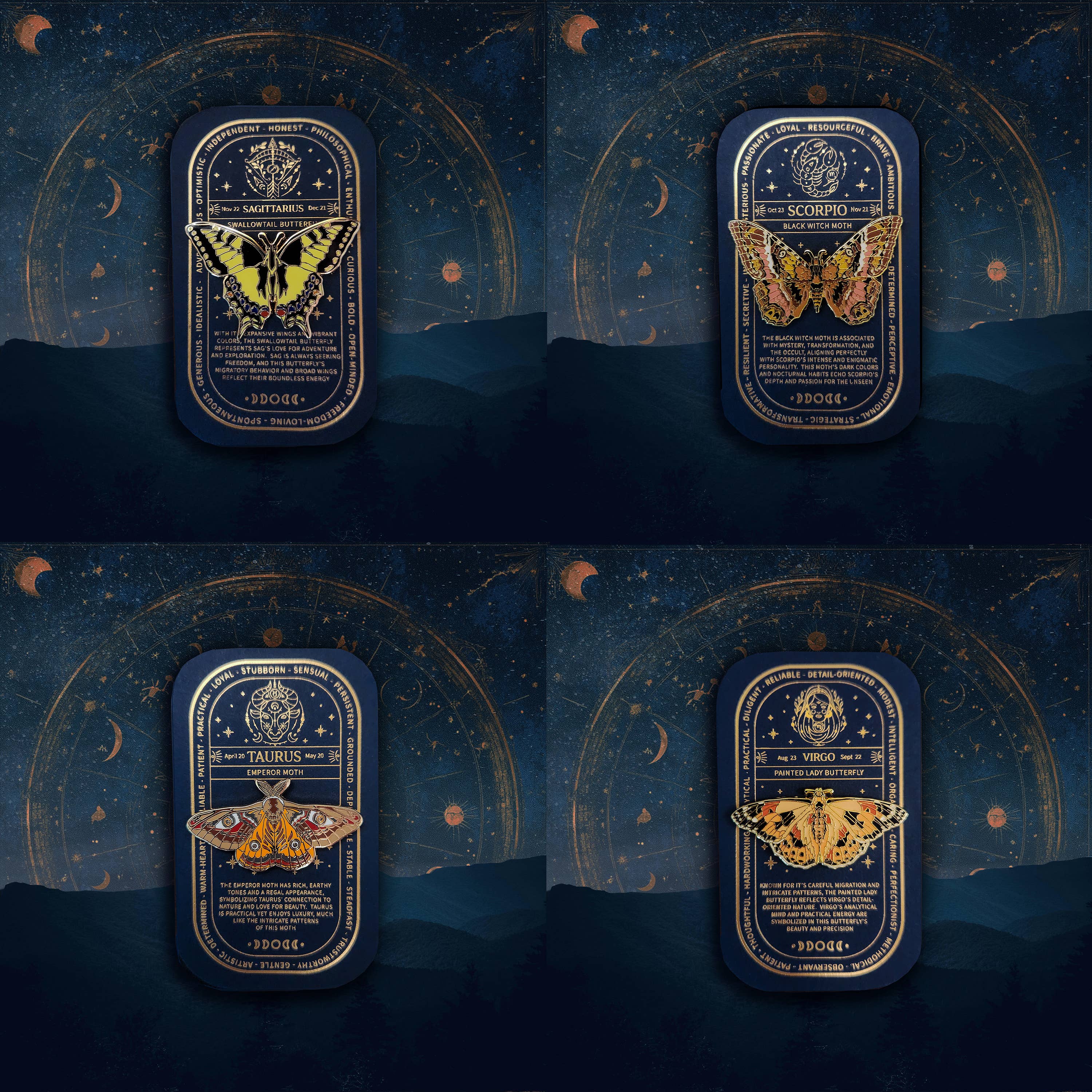 Pinsects - Vente Épinglettes/boutons - Ensemble complet de 12 pins papillons et papillons de nuit zodiacaux2