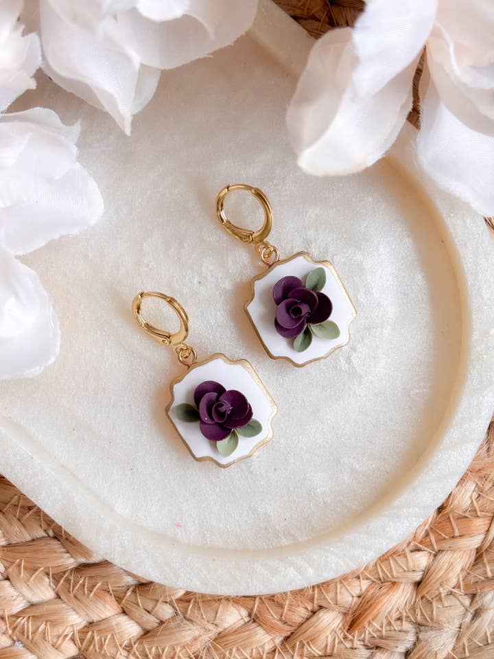 Burgundy Rose Charm Huggies for wholesale by Sarah Jane Designs