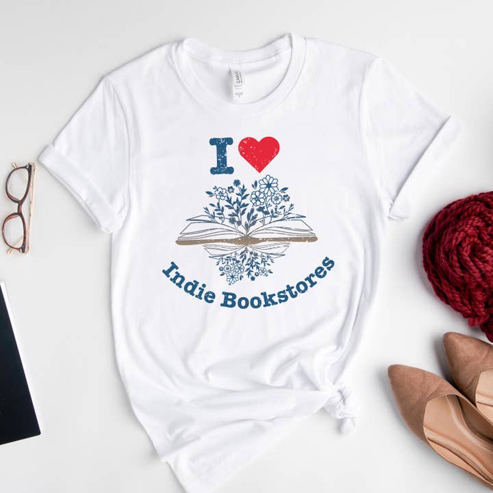 The Obstinate Octopus - Wholesale Screen Printed T-Shirt - Unisex - "I Love Indie Bookstores" Floral Tee