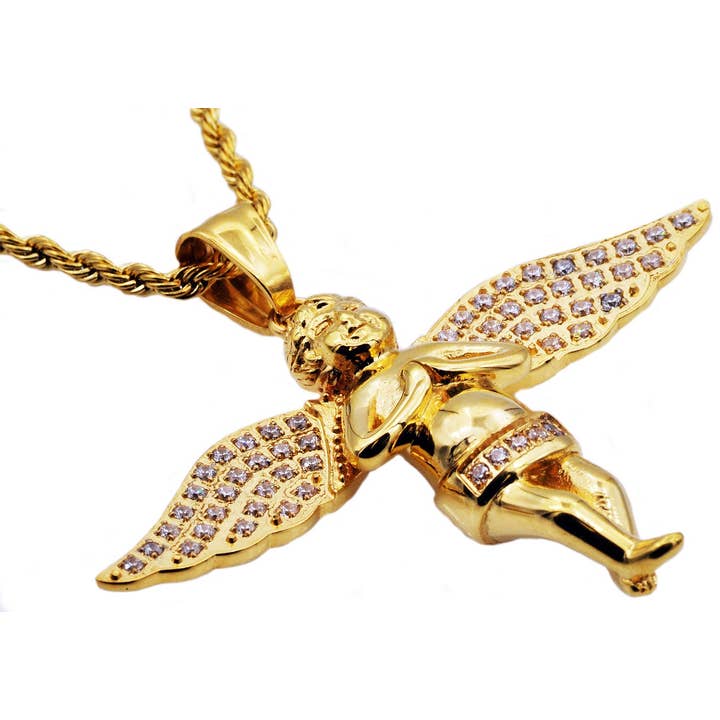 Men's Gold Stainless Steel Cherub Pendant WIth Cubic Zirconia for wholesale by Blackjack Mens Jewelry