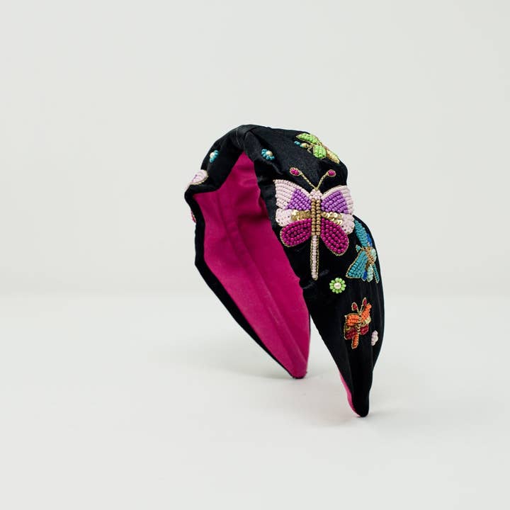 Black Headband With Embroidered Butterflies and Flowers for wholesale on Faire2