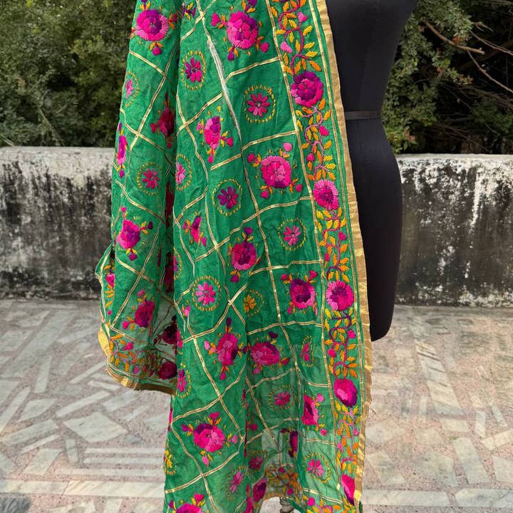 bhavnas boutique - Wholesale Wrap - Women's - Green Chanderi Cotton Hand Embroidery Phulkari Dupatta Scarf1
