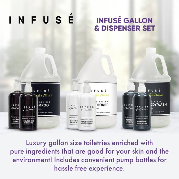 Diversified Hospitality Solutions - Wholesale Bath & Body Set - Infuse Lavender Mint Gallon & Dispenser Set | All-In-Kit | Shampoo Conditioner Body Wash Gallon | Refillable 10.14 oz. Matching Pump Bottles1