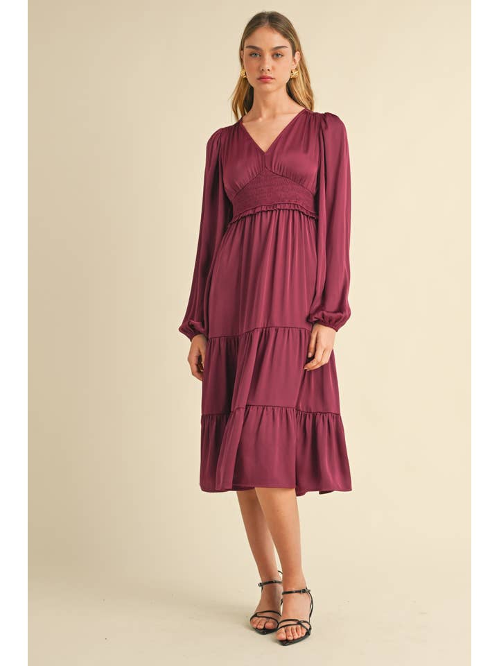 WINE ED5451 Elegant Midi Dress with Smocked Waist for wholesale on Faire