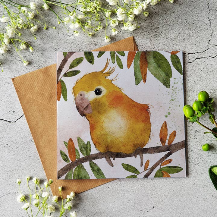 Biglietto acquerello Cockatiel per la vendita all'ingrosso da parte di Ilana Ewing Designs