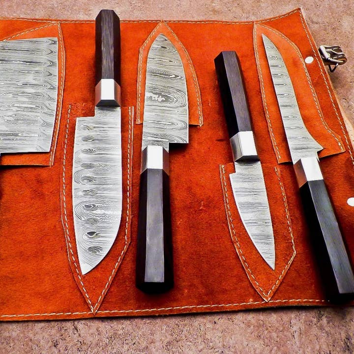 Ensemble de 5 couteaux de chef faits à la main en damas, meilleur cadeau style japonais. pour la vente par Bravohandicrafts