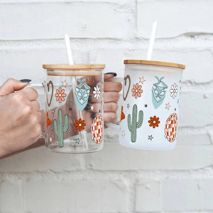 Boho Disco Western Cowgirl 17oz Glass Mug with Lid and Straw for wholesale by Sip-Sip Hooray!