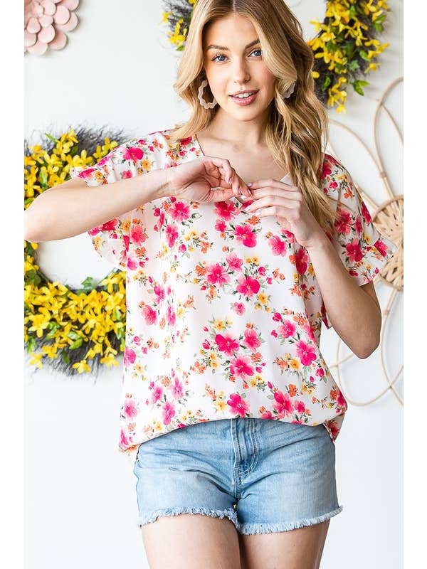 HEIMISH - Vente Chemisier – femme - ET7311-11 HAUT À MANCHES AVEC ENCOLURE EN V VOLANTÉE ET IMPRIMÉ FLORAL2