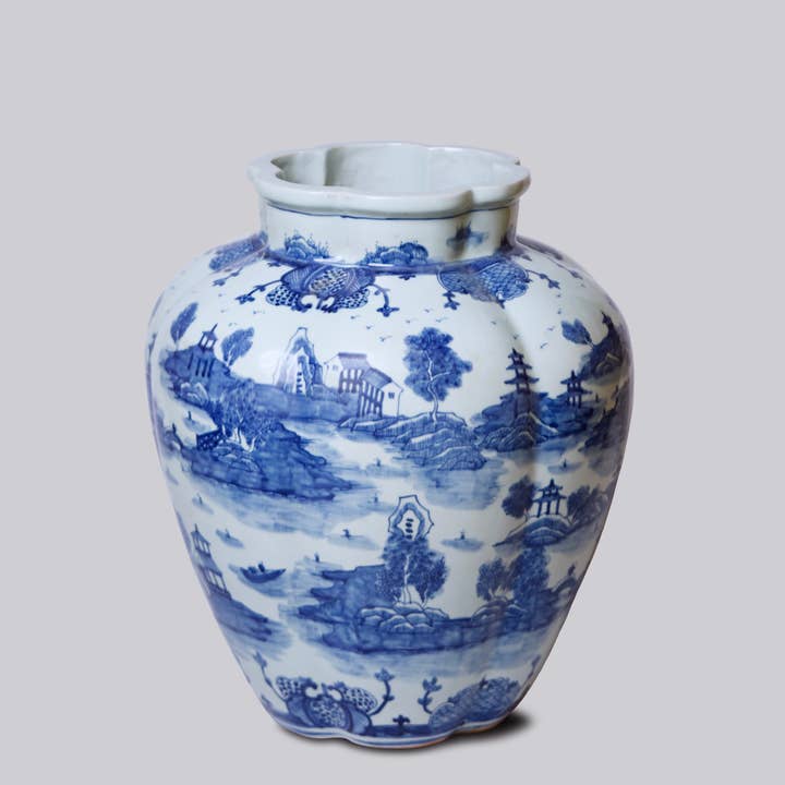 Cobalt Guild - Wholesale Vaas - „Willow Ware” blauwe en witte porseleinen kalebas vaas