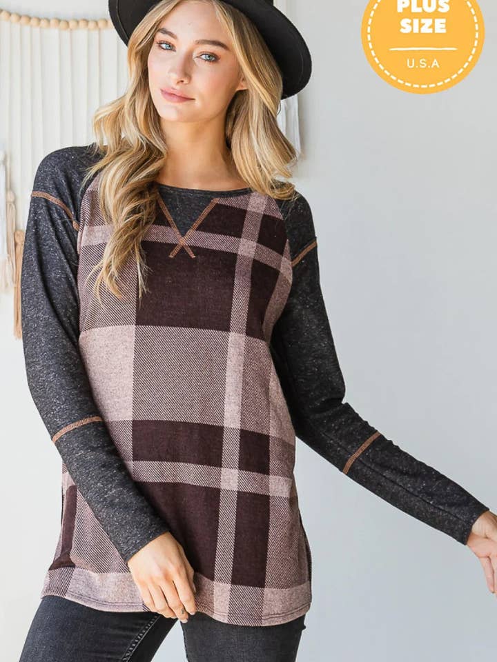 Plus Size Reverse Stitch Detail Buffalo Plaid Color Block Long Sleeve Casual Top for wholesale by Tasha Apparel Wholesale