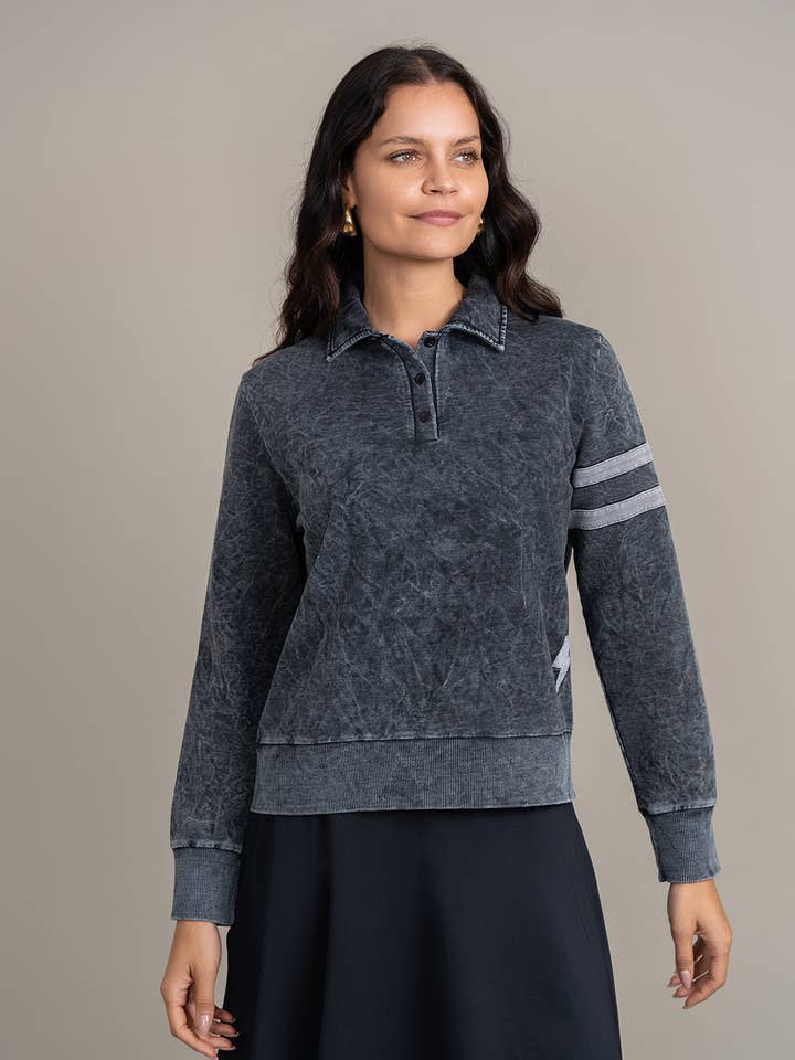 Buttoned Collar Lightning Sweatshirt - Black Acid/White for wholesale by Ellwi Design