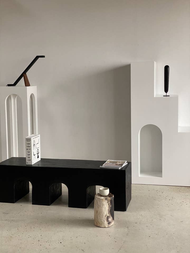 Solid monoxyle wooden bench with sculpted base in 3 arches - Black color for wholesale by Office Objets