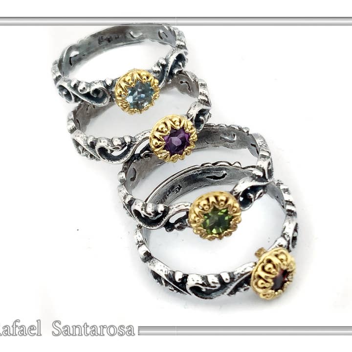 Anillos bizantinos apilables de plata oxidada con gemas para venta al por mayor de RAFAEL SANTAROSA