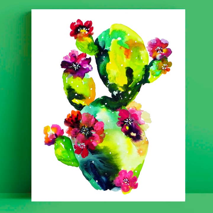 Stampa d'Arte ad Acquerello Colorato di Fico d'India per la vendita all'ingrosso da parte di Pink Puddle Studio