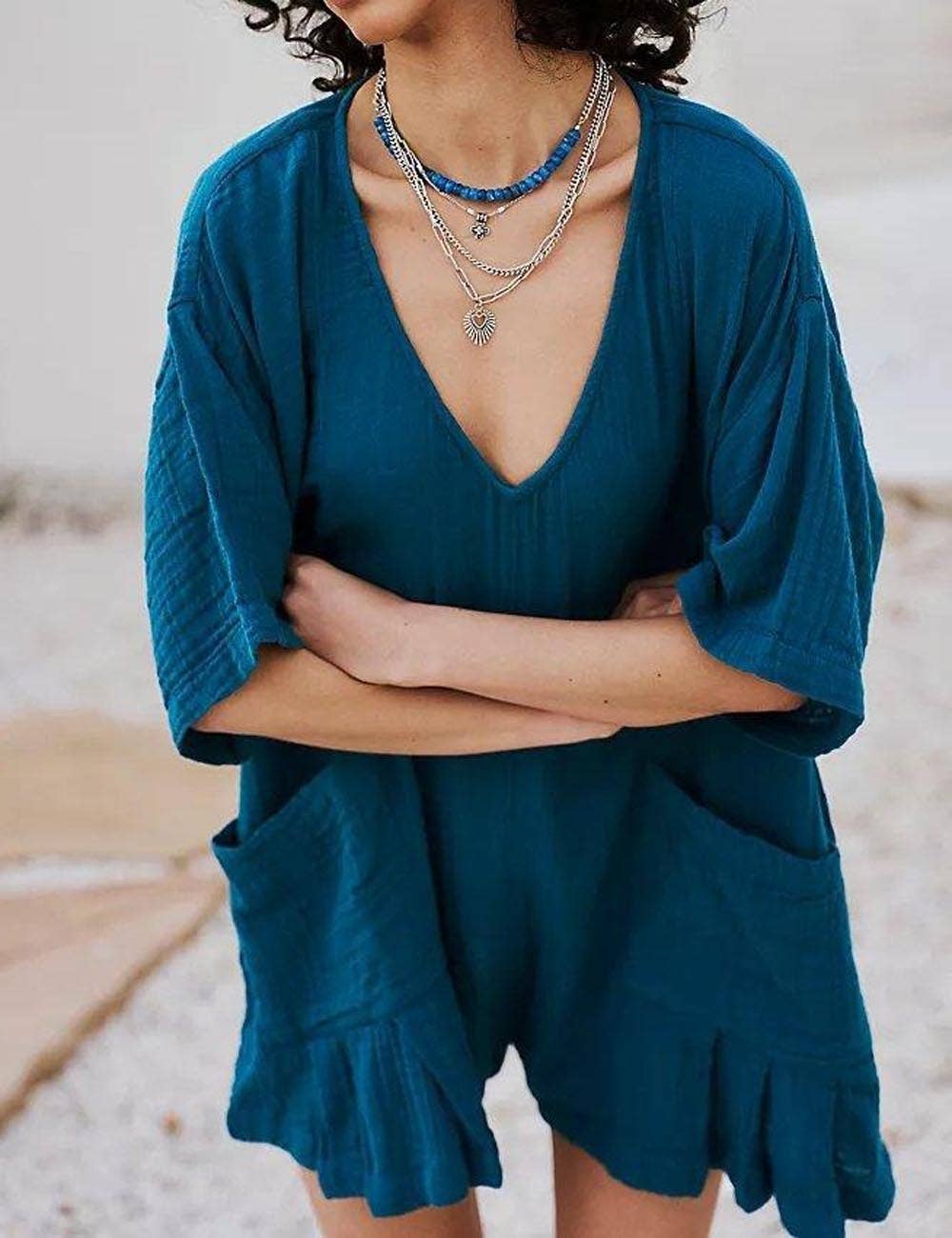 Sweetkama - Wholesale Romper - Women's - Flouncy Shapeless V-Neck Draped Sleeves Romper SKJ18123