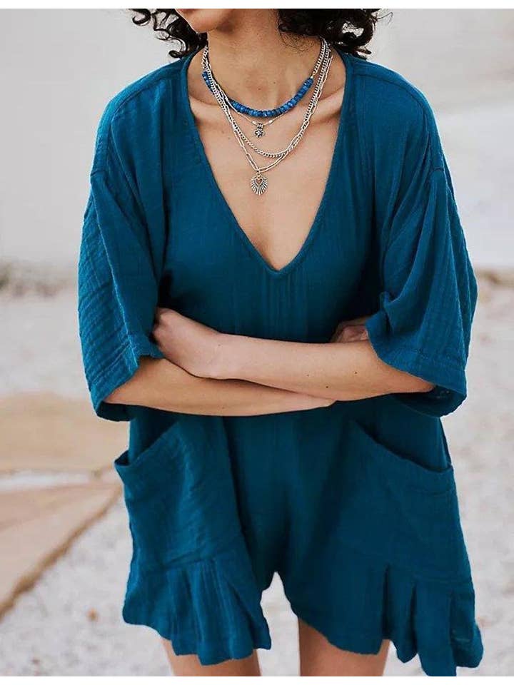 Sweetkama - Wholesale Romper - Dames - Romper met ruches en V-hals en gedrapeerde mouwen SKJ18123
