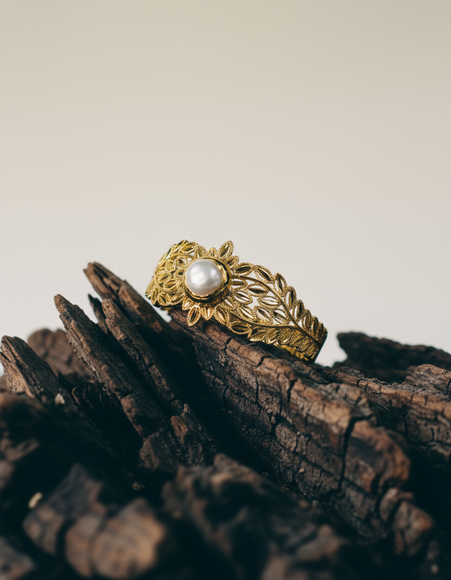 PHOEBE´S - Wholesale Cuff Bracelet - Pulsera Abierta con Perla Natural y Detalles Florales en Chapado de Oro de 18K1