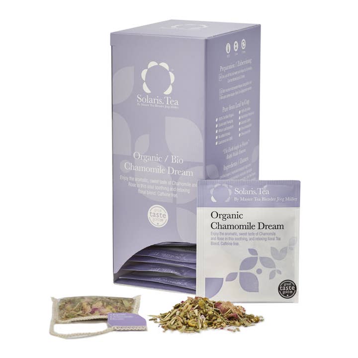 BIO Kamille Dream 40x 1,5g biologisch afbreekbaar theezakje met stiksel voor wholesale door Solaris Tea / Good Earth Goods e.K.