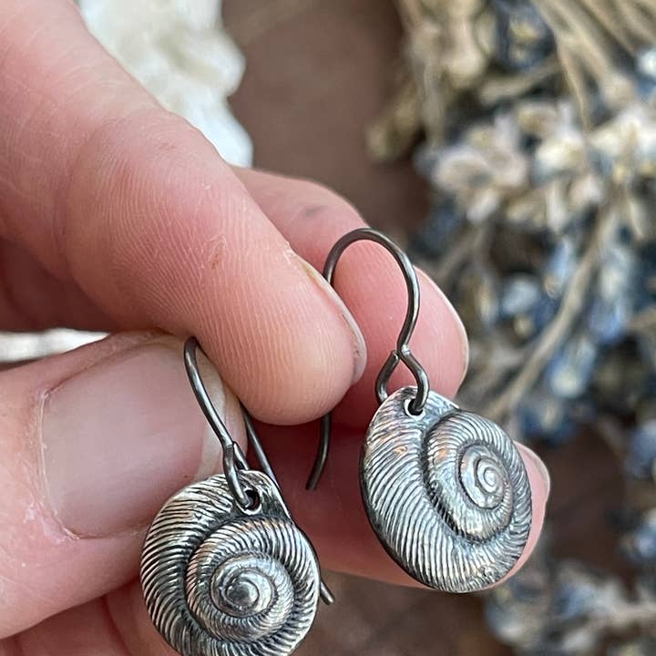 Snail Shell Earrings - Tiny (Silver, Bronze, or Copper) for wholesale by Ozark Impressions Jewelry