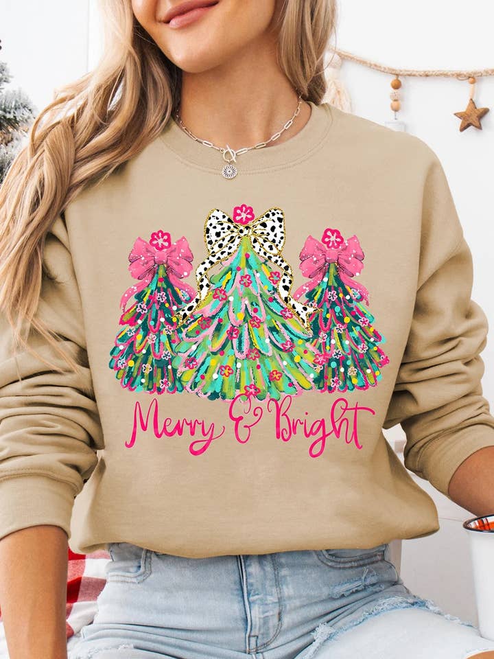 Khaki Merry & Bright Christmas Tree Print Pullover Sweatshirt for wholesale by Lovesoft