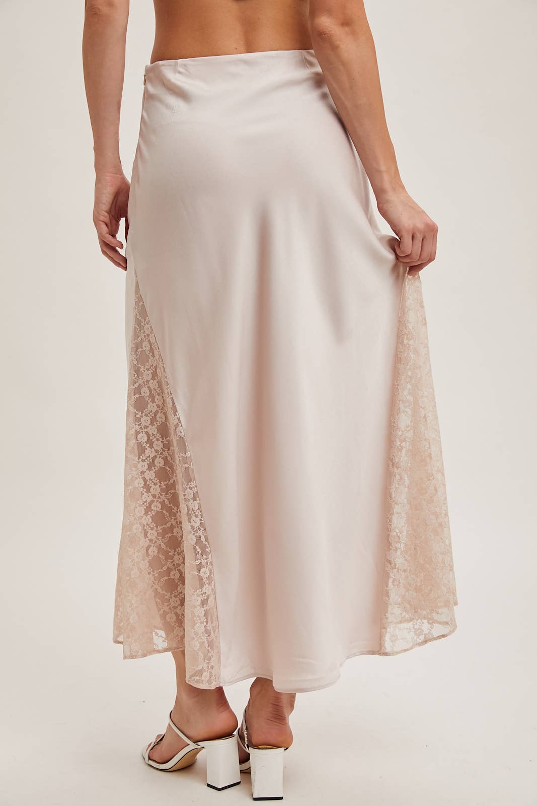 Bluivy - Vente Jupe – femme - Jupe midi en satin taille mi-haute avec bordure en dentelle19