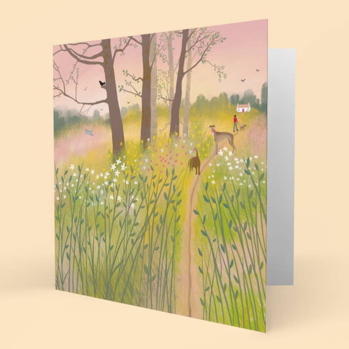 Morning Glow, greetings card. Country cottage landscape featuring a morning walk with the dogs. for wholesale by Galloway Arts