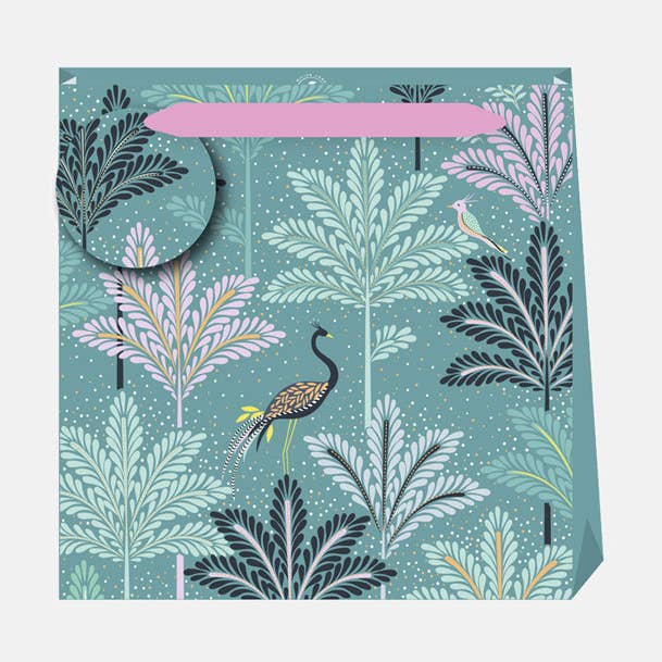 Dusky Teal Peacock & Palms Medium Gift Bag - Case of 12 for wholesale by Sara Miller London