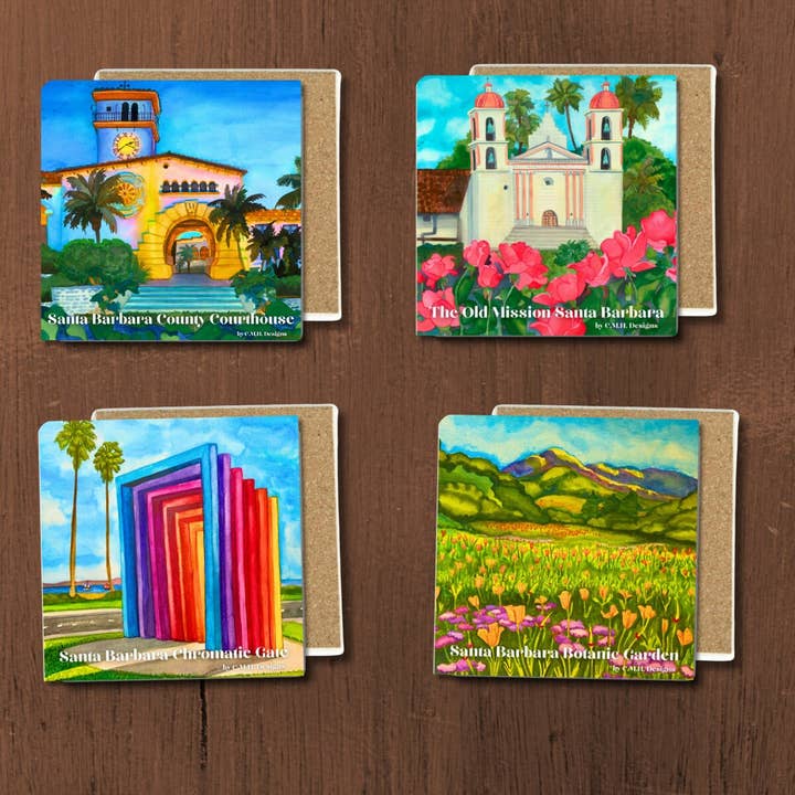 Keramiska underläggsset Santa Barbara Landmärken för wholesale av Chloe Marie Hourdequin Designs