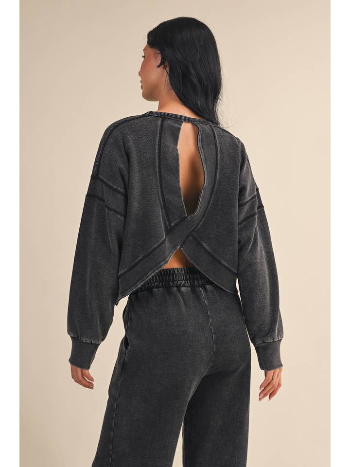 KIMBERLY C - Wholesale Athletic Top - Women's - Denim Wash Cutout Back Layering Fleece-Lined Sweatshirt22