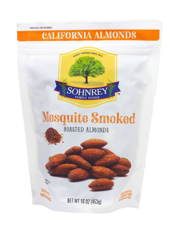 Mesquite Smoked Almonds 1 lb for wholesale by Sohnrey Family Foods LLC