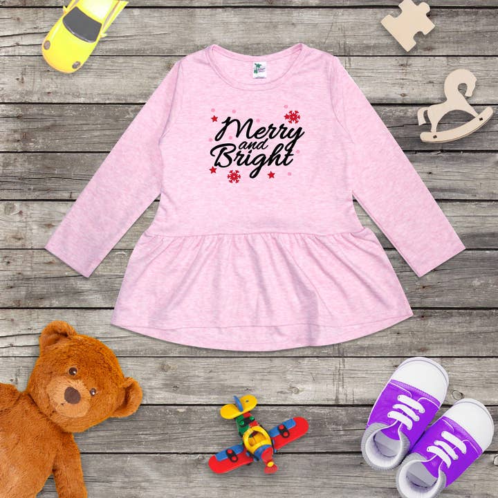 "Merry and Bright" Christmas Pink Girl's Peplum Top for wholesale by ImprintKidsClothing