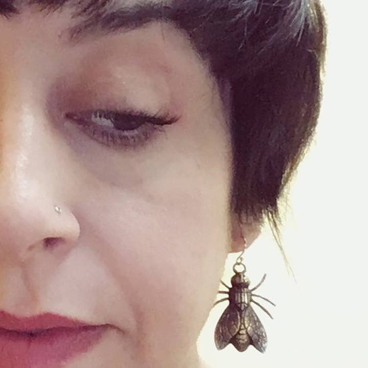 Metal Cloth & Wood - Wholesale Dangle Earrings - Brass Fly Insect Earrings